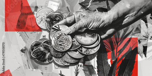 Abstract Finance Artwork: Grayscale Coins and Vibrant Collage Elements photo