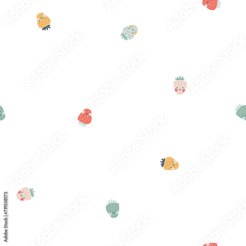 Strawberry faces seamless pattern in pastel palette. Vector naive hand drawn illustration of cute characters. Ideal for baby textiles, wallpaper, fabric, scrapbooking