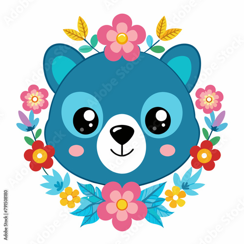 Blue wing Kawaii Ector bear head with superimposed flowers Ultra white background