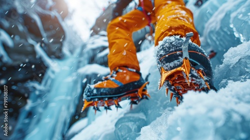 A close up of a man's crampons on his boots while ice climbing. photo