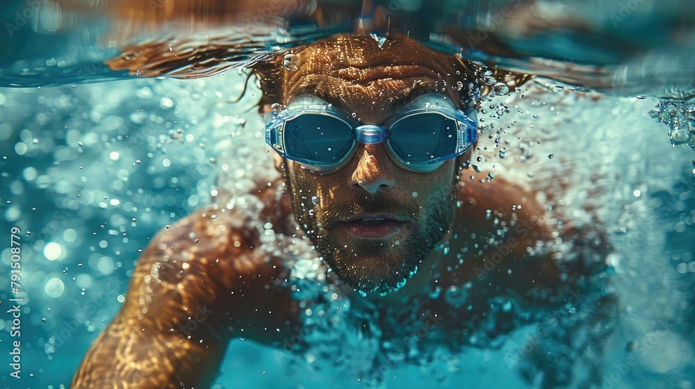 A man is swimming underwater with his goggles on.