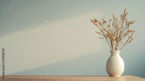 An artfully arranged wooden table adorned with a white ceramic vase brimming with dried spikelets, adding natural charm to the contemporary interior space.