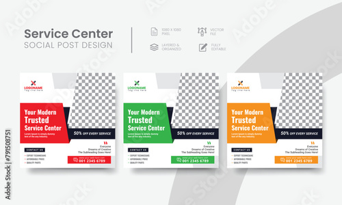Service center social media post for tech, phone, desktop & car repair banner ads. Professional servicing center social media flyer layout design. Vol - 10