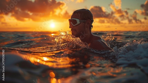 A man swimming in the ocean at sunset. photo