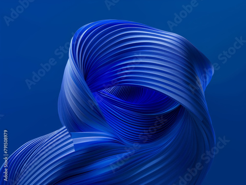 Sculptural blue ribbon forms on navy background. 3D abstract digital art with a focus on shape and form. Conceptual design for poster, banner, wallpaper.