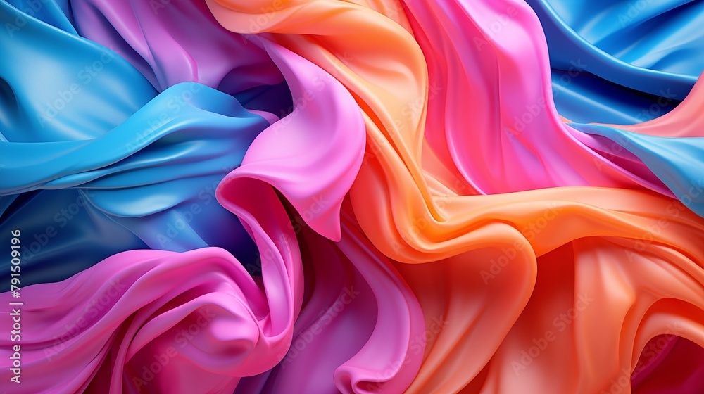 Obraz premium Waves of colorful fabric background, abstract banner. Rainbow fabric poster. Bright colorful wallpaper. Digital raster bitmap. Photo style. AI artwork.