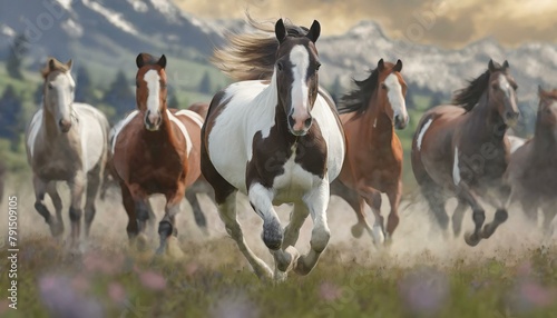 Majestic Freedom: American Paint Horse Running in Herd (8K Realistic Landscape Photo)" © Sadaqat