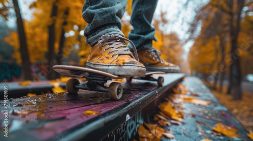 A skateboarder rides on a wooden fence in the fall. © Vilaysack