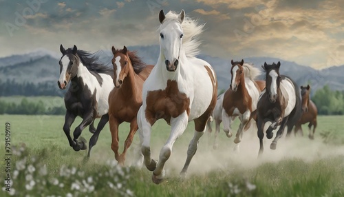 Majestic Freedom: American Paint Horse Running in Herd (8K Realistic Landscape Photo)"