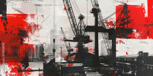 Urban Construction Cranes Silhouette Art in Red and Black