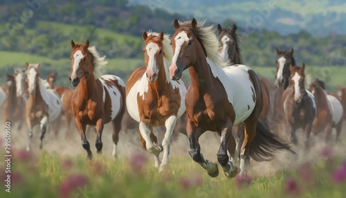 Majestic Freedom  American Paint Horse Running in Herd  8K Realistic Landscape Photo  