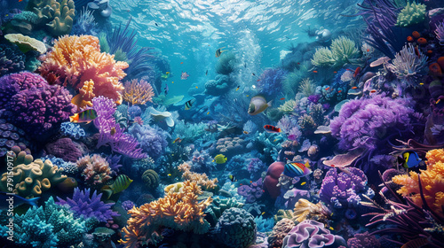 An underwater snapshot of a coral reef ecosystem bursting with color and biodiversity with coral polyps in shades of purple orange and turquoise providing habitat for an array of fish