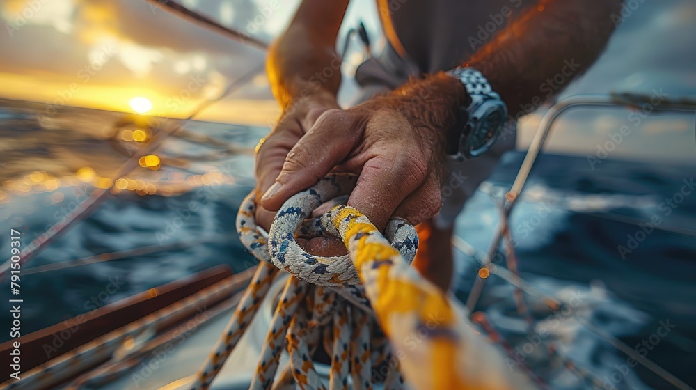 Obraz premium Close up of a man's hands tying a knot on a sailboat at sunset.