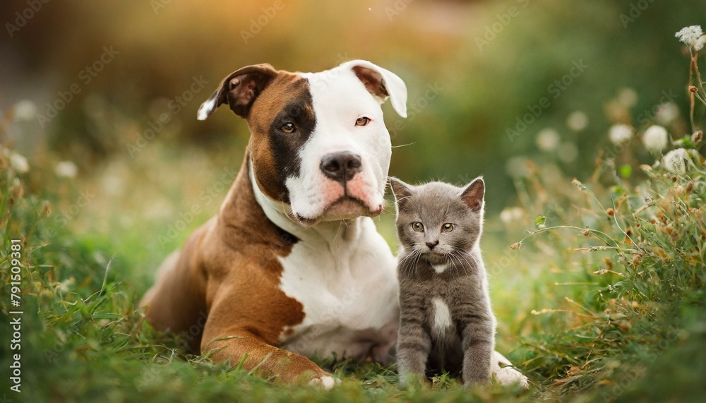 Unlikely Friends: American Staffordshire Terrier Playing With Cute Kitten