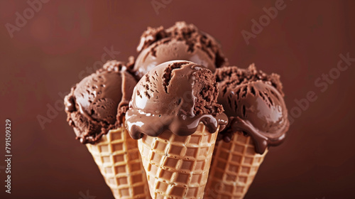 Three scoops of melting chocolate ice cream in waffle cones on a brown background