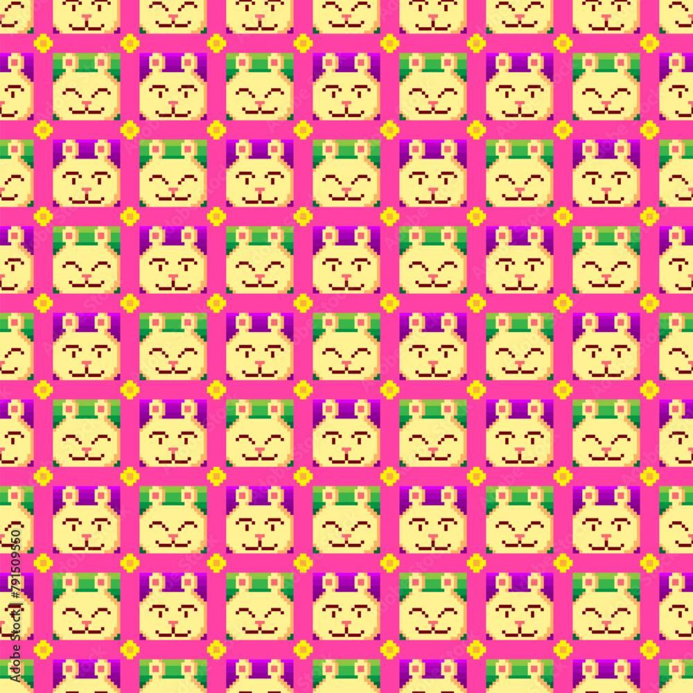 Seamless tile pattern created by many rabbit's face in colorful pixel art style Seamless tile pattern created by many rabbit's face in colorful pixel art style