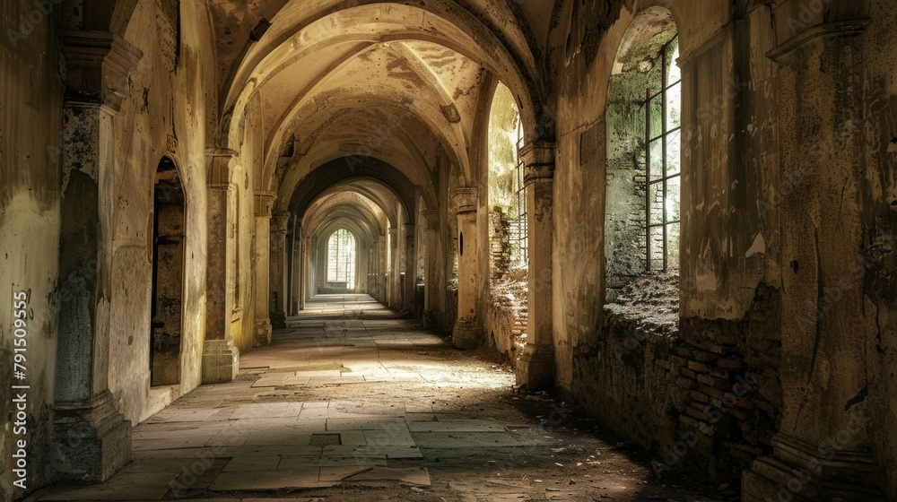 An image of a quiet hallway within an ancient abbey evoking a sense of peace and solitude. 2d flat cartoon.