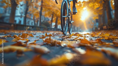 Low angle shot of a cyclist riding on a road covered with fallen leaves