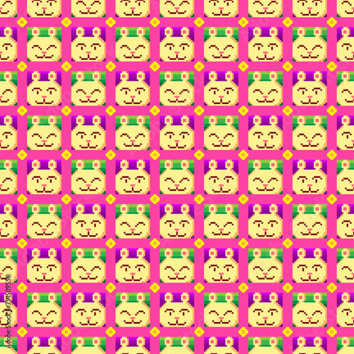 Seamless tile pattern created by many rabbit's face in colorful pixel art style
