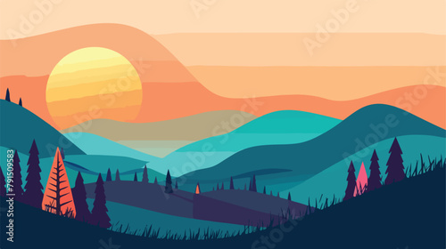 Landscape background sun behind hills and trees. Fant © Blue