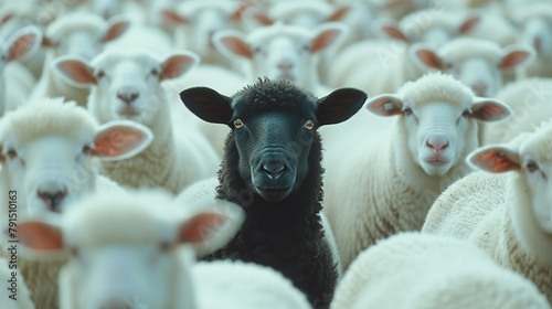 A black sheep among a flock of white sheep, Concept of standing out from the crowd.