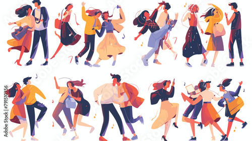 Diverse tiny people dancing and listening music wit