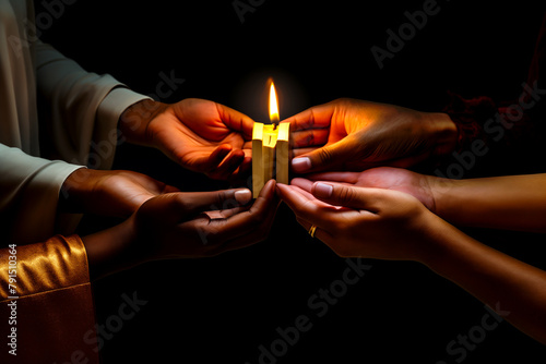 Faith concept, Sacred text, Religion, Flame, Candle, Hands, Praying, Faithful. ENLIGHTENED BY FAITH. Young and elderly hands of people all around the sacred text that seems showing them the way.