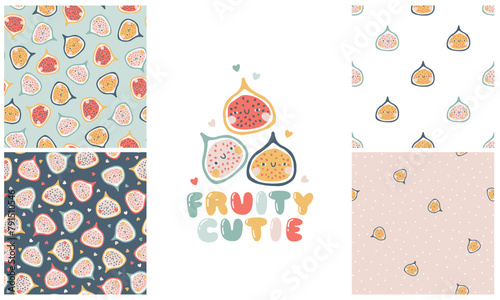 Fig character with smiley face funny inscription. Fruity cutie. A set with a seamless pattern collection in polka dots. Hand-drawn cartoon doodle in simple naive style. Vector illustrations in pastel.