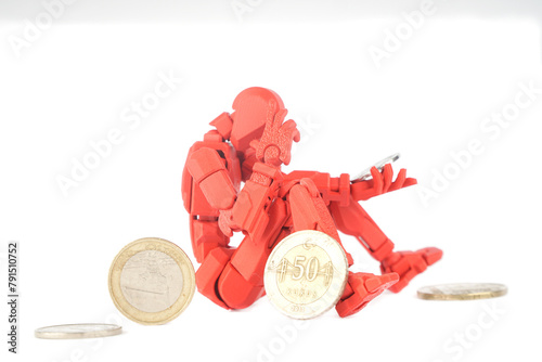 conceptual photo of man and finance, a mannequin of a man holds money in his hands
