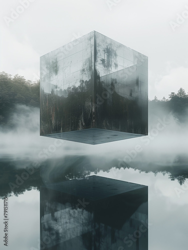 Surreal cube flotting under water photo