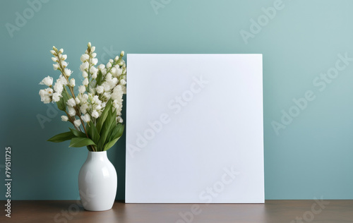 Photo frame mockup in a minimal room with an aquamarine wall with a vase of flowers on the table. Place for text