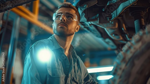 Handsome Professional Car Mechanic is Investigating Rust Under a Vehicle on a Lift in Service. Repairman is Using a LED lamp and Walks Towards. copy space for text.