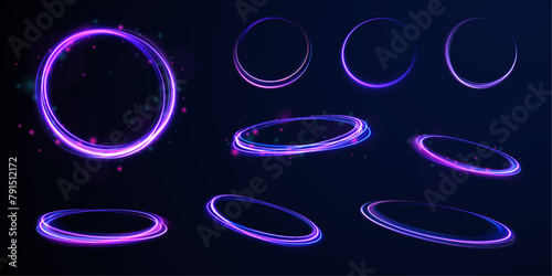 Set of neon blurry light circles at motion. Neon light circle of speed in the form of a round whirlpool. Curve blue line light effect. 