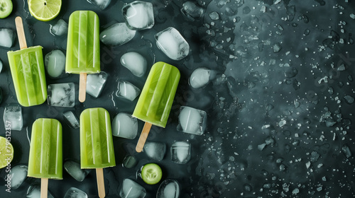 Refreshing green lime popsicles on sticks with ice cubes and melting drops on a dark background.
