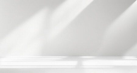 Minimal abstract light gray background for product presentation. Soft shadow and light from windows on white wall.