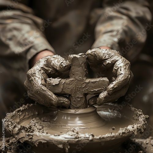 A potters hands mold clay into a cross, with the wheel spinning, shaping faith from the earth photo