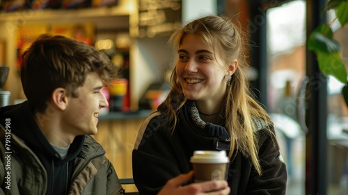 Male and female students sit and drink coffee in the shop 