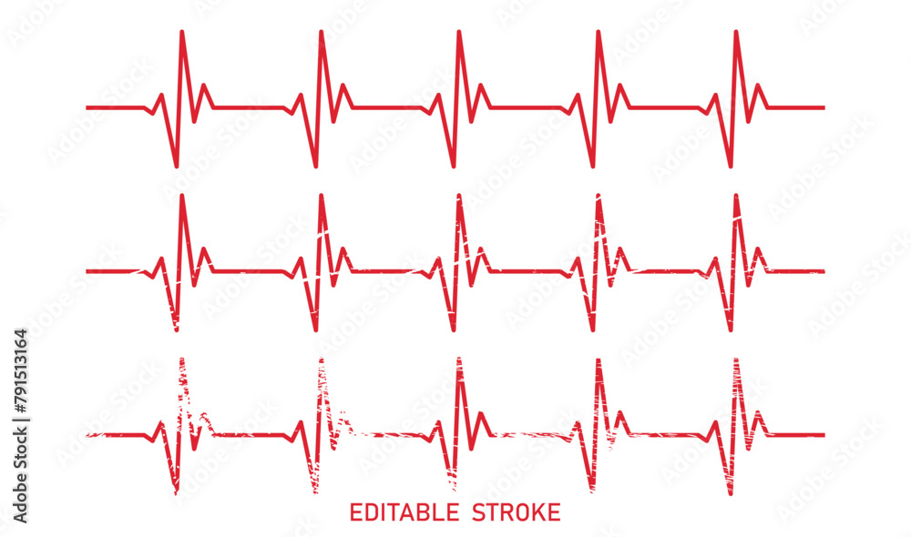 Editable retro stroke heart diagram set, old red EKG, cardiogram, heartbeat line vector design to use for healthcare, healthy lifestyle, medical laboratory, cardiology project.

