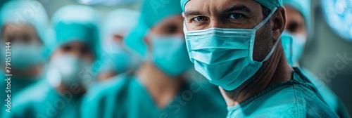 A focused group of surgeons in blue scrubs and masks performing an operation in a sterile environment