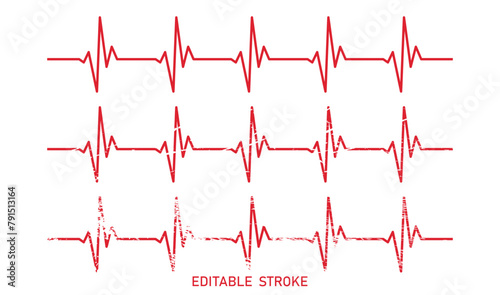 Editable retro stroke heart diagram set, old red EKG, cardiogram, heartbeat line vector design to use for healthcare, healthy lifestyle, medical laboratory, cardiology project.
