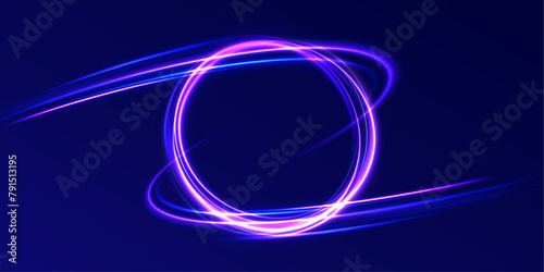 Curve light effect of blue line. Luminous blue circle. Colored neon ovals or circles for swirl shiny rings light effect. Glow luminous glitter shimmer trail. 