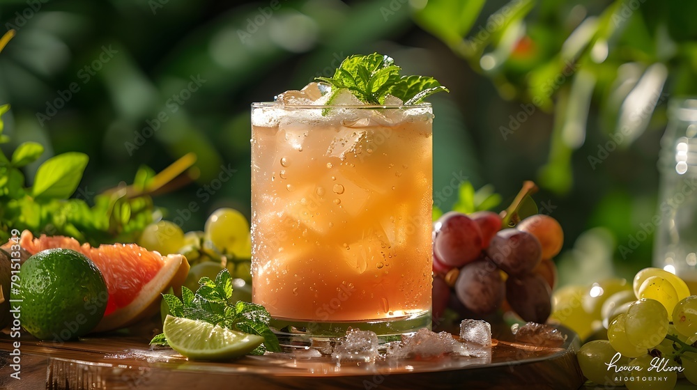 Fototapeta premium Cocktail, featuring grapes, lime juice, ginger beer, dark brown rum, ice cubes, mint leaves, and grapefruit with its glass on top of a wooden board. creating a vibrant atmosphere. 