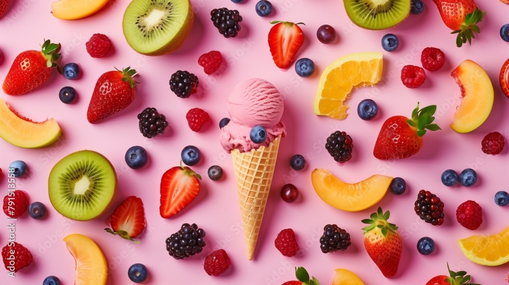A cone of strawberry ice cream surrounded by assorted fresh fruits on a pink background A cone of strawberry ice cream surrounded by assorted fresh fruits on a pink background