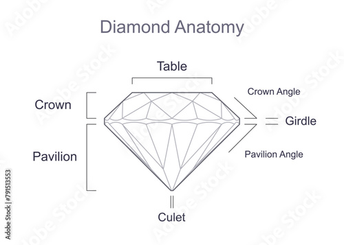Diamond cut anatomy, parts and their names. Outline icon with editable stroke. Vector illustration