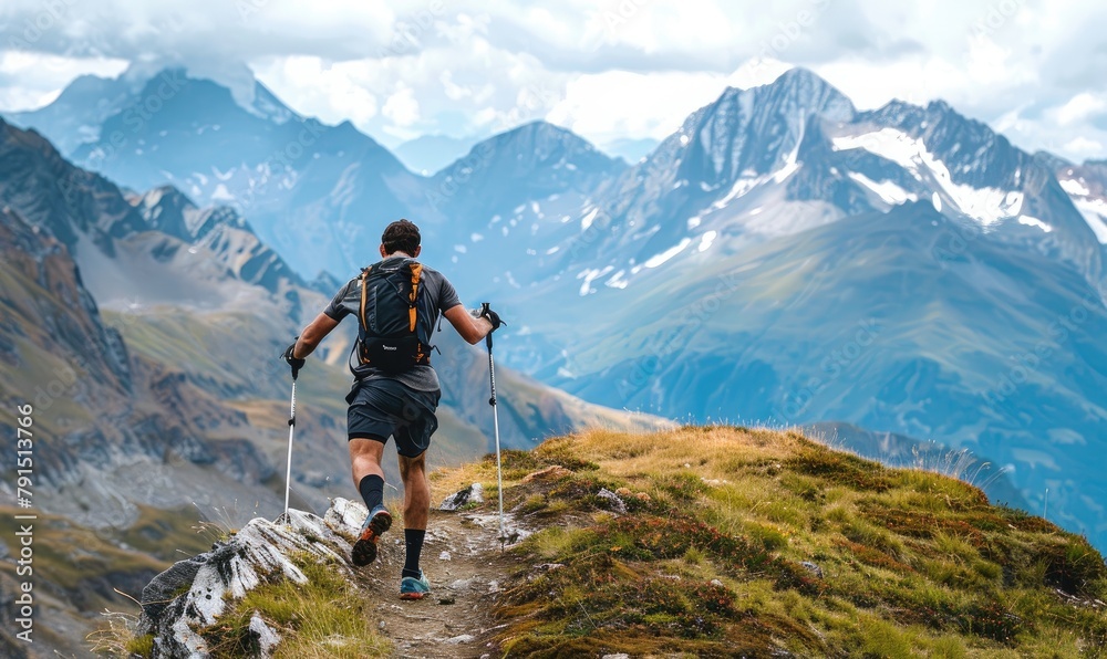 hiker conquering mountainous terrain, symbolizing exploration and the human spirit's endurance.