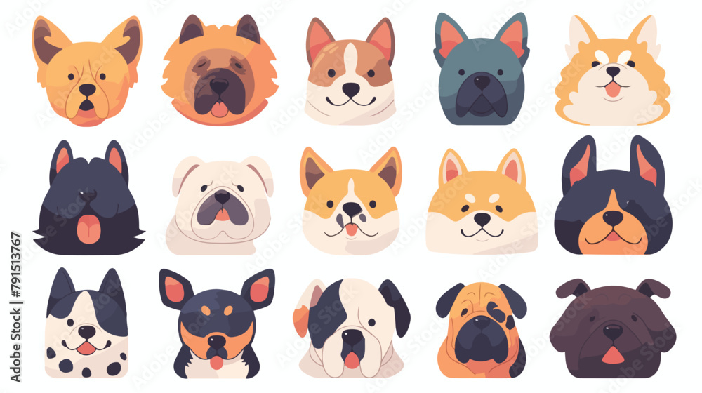 Dogs cartoon heads face emoticons vector set. 2d fl