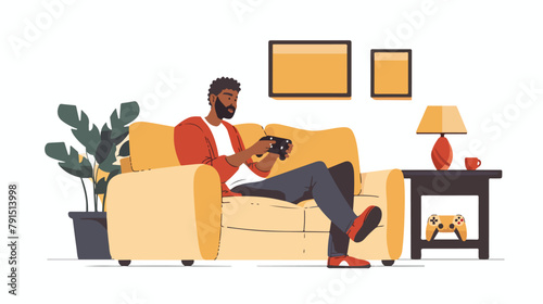 Man playing videogame on the sofa. Vector flat style