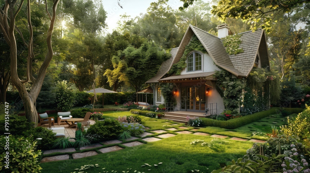house exterior with beautiful peaceful cute small backyard garden green area.