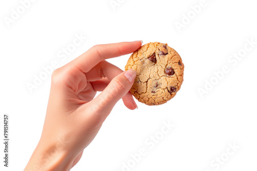 Woman's hand holding a cookie with chocolate chips isolated on a clipped PNG transparent background