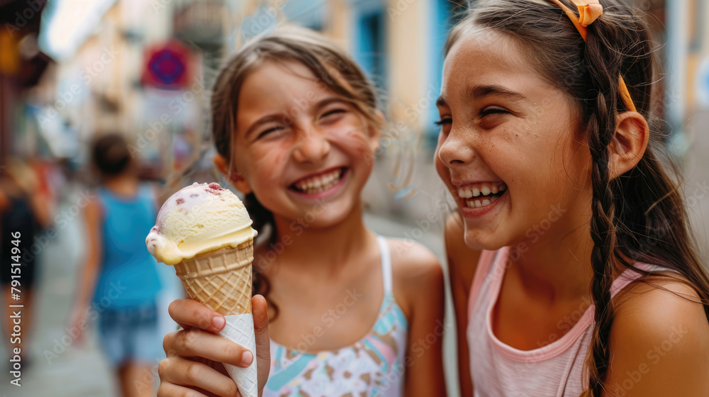 Children have fun eating ice cream in the park